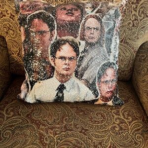 The Office themed Sequin Pillow with multiple Dwight Schrute faces